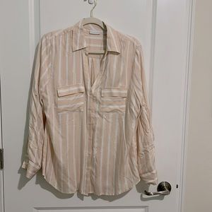 New York & Company blouse. Rayon. Size L. Peach and white with gold accents.